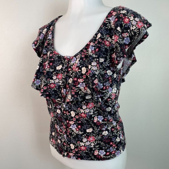 American Eagle Crop Top Small Black Floral Flutter Sleeve Cotton Casual Women's - Picture 3 of 11